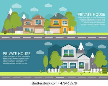 Two horizontal colored and isolated urban landscape banner set with private house headlines vector illustration