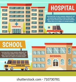 Two horizontal colored orthogonal municipal buildings banner set with hospital and school buildings vector illustration
