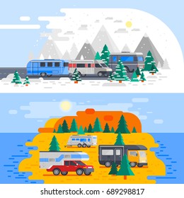 Two horizontal colored recreational vehicles composition set with winter and summer camping vector illustration
