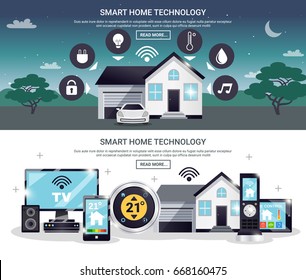 Two horizontal and colored smart home banner set with technology description and read more buttons vector illustration