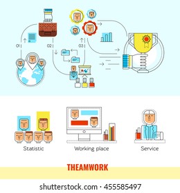 Two horizontal colored teamwork line banner set with descriptions of statistic working place service vector illustration