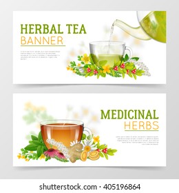 Two horizontal colorful banners of medicinal herbs and herbal tea in glass cups surrounded with herbs isolated vector illustration