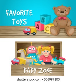 Two horizontal compositions with favorite toys and baby zone editable captions on wooden and gradient background vector illustration