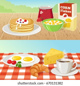 Two horizontal conceptual compositions with different breakfast food sets on tables and cartoon landscape background flat vector illustration