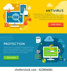 Two horizontal data protection banner set with description of antivirus and protection and bright buttons vector illustration