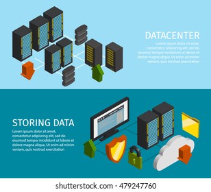 Two horizontal datacenter banner set with descriptions of storing data and datacenter vector illustration