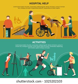 Two horizontal disabled person banner set with hospital help and activities descriptions vector illustration