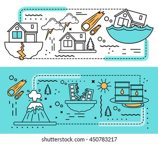 Two horizontal disaster damage banner set colored in linear style on white and blue background vector illustration