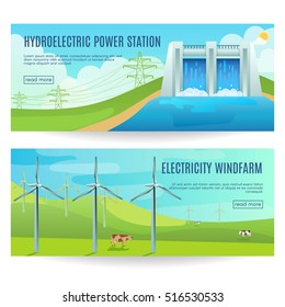 Two horizontal ecology banners with environmental friendly hydroelectric power station windfarm images and read more botton vector illustration