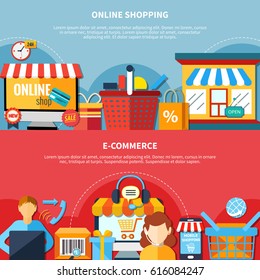 Two horizontal ecommerce flyer or banner set with online shopping and ecommerce headlines vector illustration