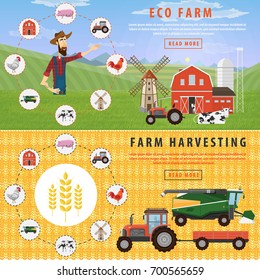 Two horizontal farm banner and harvesting. Organic products. Agriculture and Farming. Agribusiness. Rural landscape. Design elements for info graphic, websites and print media. Vector illustration.