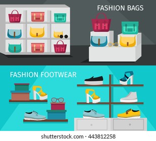 Two horizontal fashion accessories banner set with descriptions of fashion bags and fashion footwear vector illustration