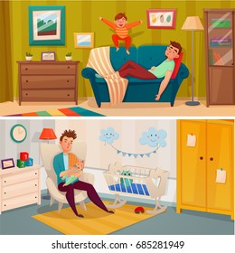 Two horizontal fatherhood banner set with what the parent treats the child concept vector illustration