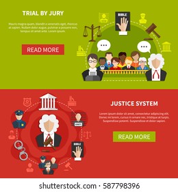 Two horizontal flat law banner set with trial by jury and justice system descriptions vector illustration