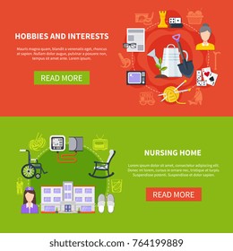 Two horizontal and flat pensioner banner set with hobbies and interests nursing home descriptions vector illustration