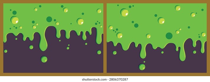 Two horizontal flat vector banners feature toxic green slime dripping down against a dark purple background with bubbles