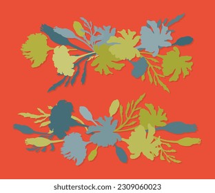 Two horizontal garlands made from plant parts with flowers, leaves, and fruits. Colored composition with light shadows. Flower border in a vintage style for blogs, posters, and any web or print usage.