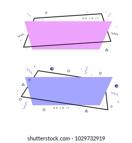 Two horizontal geometric banners with random decorative items. Element for graphic design - poster, flyer, brochure, card, tag, sticker, badge. Vector illustration.