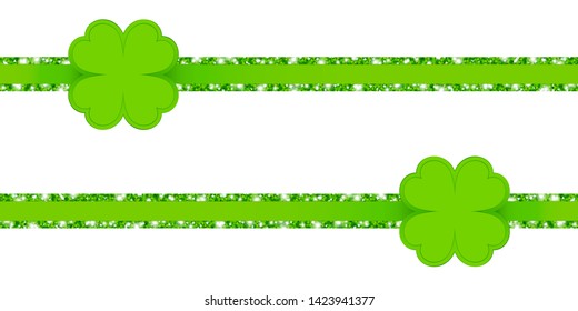 Two Horizontal Glitter Ribbons With Clover Leafs Green