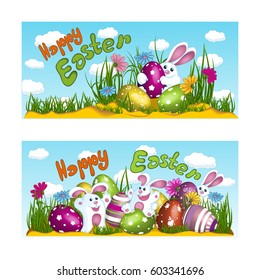 Two horizontal greeting cards for the holiday of Easter. White bunny rabbits, easter eggs, decorated with a pattern and flowers. Vector banner with lettering..