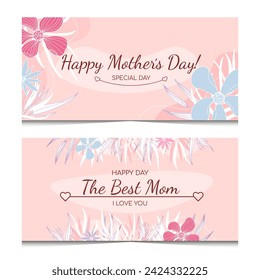 Two horizontal greeting cards in pink colors. Mother's Day postcards. Horizontal templates with elegant colored doodle leaves and flowers. Isolated on white background. Happy Mothers day card.