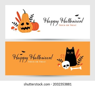 Two horizontal Halloween banners with cute cat and pumpkin with funny face.