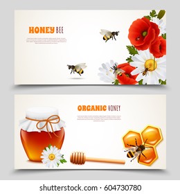 Two horizontal honey banner set with honey bee and organic honey descriptions vector illustration