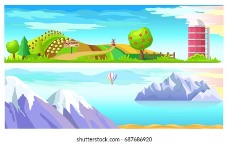 Two horizontal images vector illustration. Fruit and fir trees, cabbage and sunflowers, water tower and red mill on green ranch. Snow-capped mountains, sea calm and striped balloon on second picture.