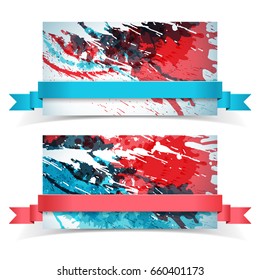 Two horizontal isolated abstract paints banner set with blue and red ribbons on white background vector illustration