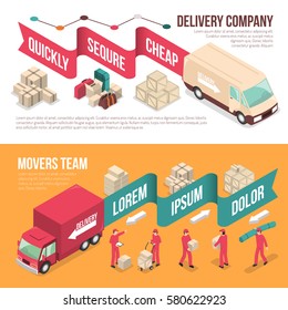 Two horizontal isometric delivery moving banner set with delivery company and movers team descriptions vector illustration