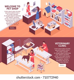 Two horizontal isometric pet shop banner set with welcome to pet shop veterinary clinic and more button vector illustration