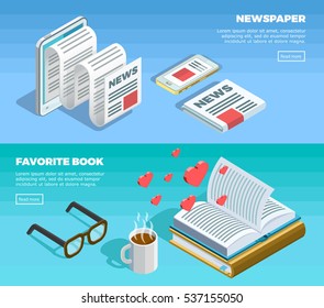 Two horizontal isometric reading banner set with newspaper and favorite book description and button vector illustration