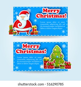 Two horizontal Merry Christmas banner set with santa christmas gifts and christmas tree vector illustration