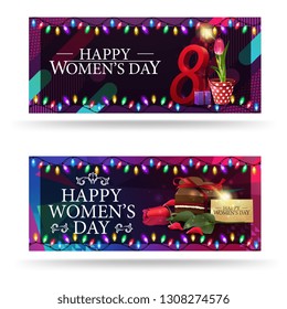 Two horizontal, modern, greeting Women's day banners with candy, rose and tulip in a bucket under a lantern