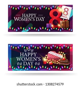 Two horizontal, modern, greeting Women's day banners with gifts with the number eight and gift in the shape of a heart