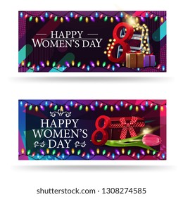 Two horizontal, modern, greeting Women's day banners with gifts, Tulip and garland