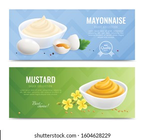 Two horizontal mustard realistic banner set with mayonnaise and mustard sauce collection descriptions vector illustration