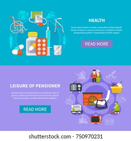 Two horizontal pensioner flat banner set with health leisure of pensioner descriptions and read more buttons vector illustration