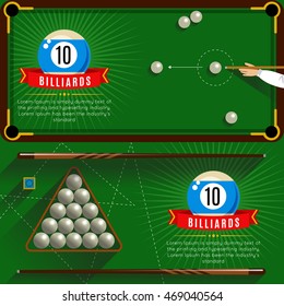 Two horizontal play billiards realistic compositions with red ribbons and 3d pool game vector illustration