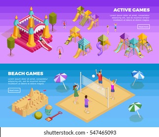 Two Horizontal Playground Banner Set With Active Games And Beach Games Descriptions Vector Illustration