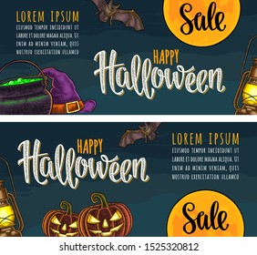 Two horizontal posters with Happy Halloween handwriting calligraphy lettering. Vector color vintage engraving illustration pumpkin with scary, lamp, moon, bat face on night sky.
