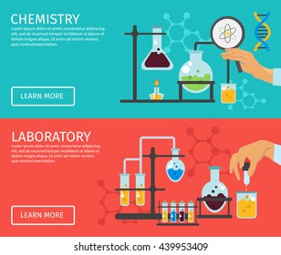 Two horizontal professor of chemistry flat banner set with descriptions of chemistry and laboratory and buttons vector illustration