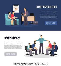 Two Horizontal Psychologist Banners With People In Classes Of Group Therapy And Family Psychologist Counseling Wife And Husband Flat Vector Illustration