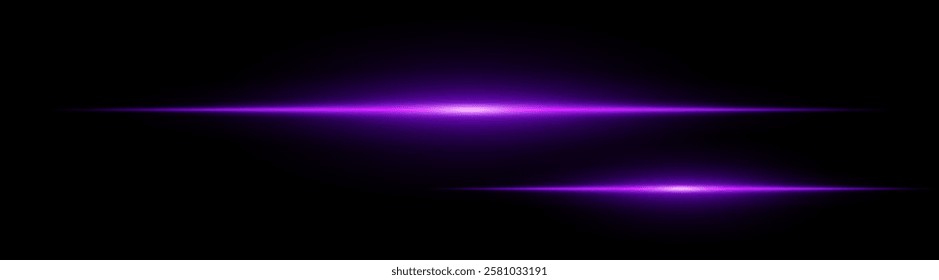 Two horizontal purple light beams glowing on black background. Abstract digital energy effect. Futuristic technology and sci-fi concept for design and wallpaper