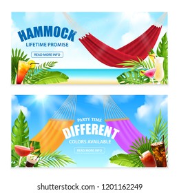 Two horizontal realistic hammock tropical banner set with lifetime promise and party time different colors available descriptions vector illustration