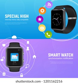 Two horizontal realistic smart watch banner set with special high and smart watch descriptions vector illustration