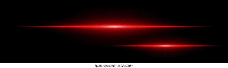 Two horizontal red light beams glowing on black background. Abstract digital energy effect. Futuristic technology and sci-fi concept for design and wallpaper