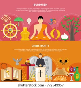 Two horizontal religions flat flyer or banner set about buddhism and Christianity vector illustration