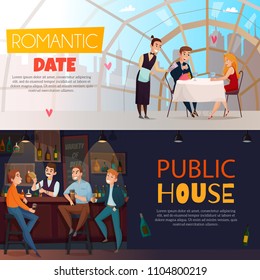 Two horizontal restaurant pub visitors horizontal banner set with romantic date and public house headlines vector illustration