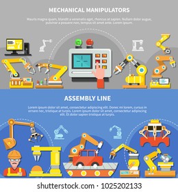 Two horizontal robotic arm composition set with mechanical manipulators and assembly line descriptions vector illustration